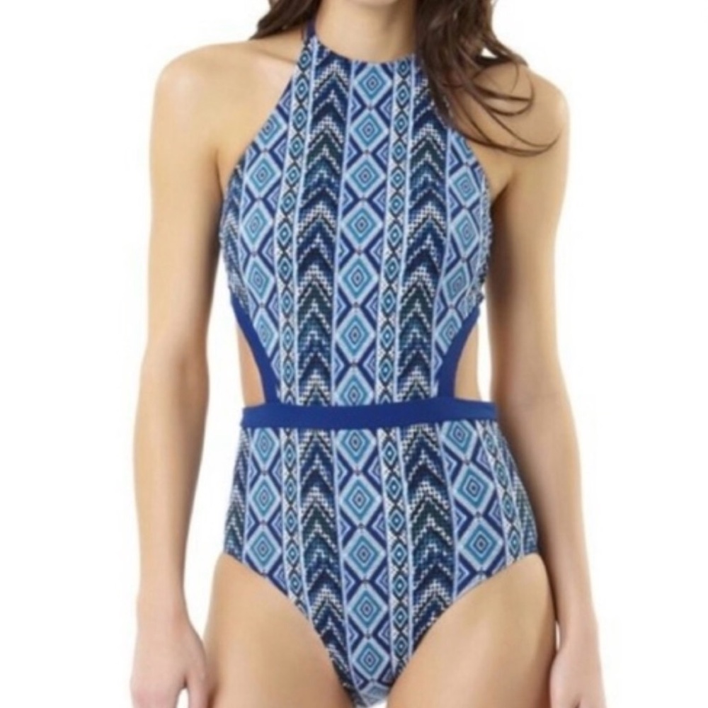 Time and Tru Blue Geometric One Piece Swimsuit